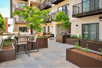 Courtyard garden with lush landscape and sitting areas